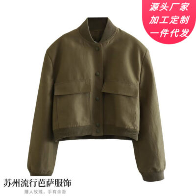 23 mùa xuân thời trang mới áo khoác cổ đứng màu trơn đơn giản nữ cá tính xu hướng gió nhiều túi ngực áo khoác