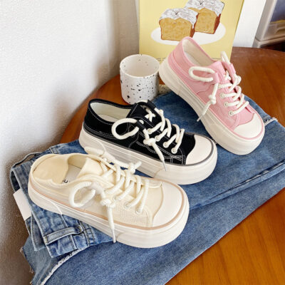 Giày vải đầu xoài nữ mùa xuân hè 2023 phiên bản Hàn Quốc bước lên với hai mang giày đế dày giày mũi nhọn phong cách cổ điển thương hiệu thời trang