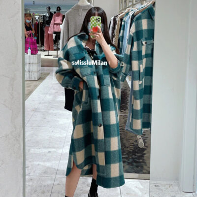 Là mùa thu đông mới OVER SIZE áo khoác len len cổ sơ mi kẻ sọc trung áo khoác nam nữ cùng phong cách