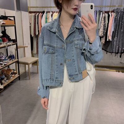 Áo khoác denim cổ ngắn áo khoác denim dáng ngắn nữ 2023 phiên bản Hàn Quốc mới áo khoác dáng rộng áo mỏng