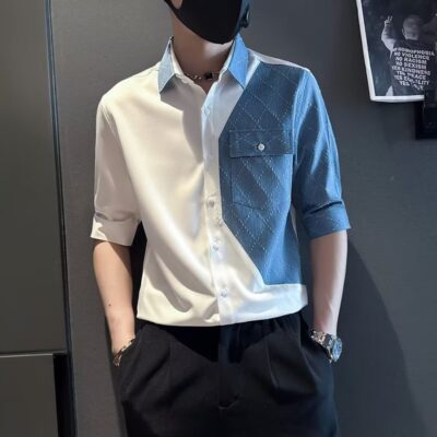 Áo sơ mi nam tay ngắn denim đường khâu 2023 new ruffian đẹp trai mùa hè nam thương hiệu hợp thời trang hàng đầu áo sơ mi tay năm phần tư áo sơ mi giản dị