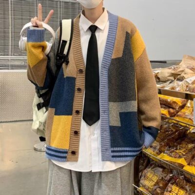 Áo len cardigan nam mùa thu đông thiết kế cảm giác thích hợp áo len cổ chữ V dáng rộng size lớn áo len cashmere nam nối áo khoác