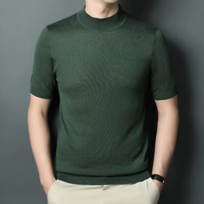 Áo len nam ngắn tay mùa xuân hè 2023 áo len dệt kim nam cổ cao nửa tay áo sơ mi nam thoáng khí kháng khuẩn dáng ôm