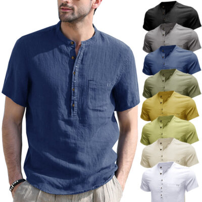 Ngoại thương xuất khẩu nam Henry cổ áo sơ mi ngắn tay màu trơn Amazon Nguồn bán buôn áo sơ mi cotton và vải lanh nam Âu Mỹ