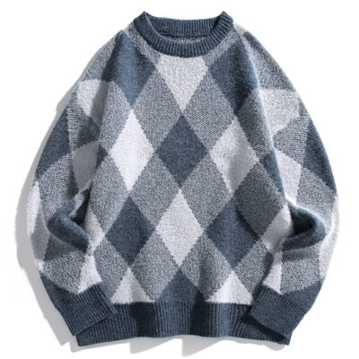 Mùa thu và mùa đông làm dày áo dệt kim nam phong cách Hồng Kông mùa đông dáng rộng giản dị cổ tròn họa tiết hoa văn xu hướng ins áo len