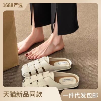 Dép da mềm mùa hè cho nữ áo khoác ngoài slip-on Bao Đầu La Mã nửa phù hợp với tất cả các trận đấu Xăng đan thông thường