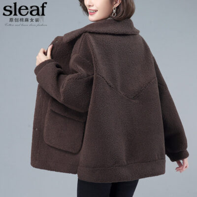 Áo khoác len cừu ngắn nữ quần áo thu đông phiên bản Hàn Quốc dáng rộng size lớn mẹ béo mm áo khoác lông cừu lông cừu