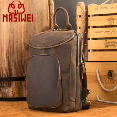 Túi đeo ngực nam bằng da ngựa điên Túi đeo ngực phong cách châu Âu và Mỹ Phong cách sức chứa lớn Túi đeo chéo một bên vai Túi đeo ngực bằng da bò thật lớp trên cùng cho nam