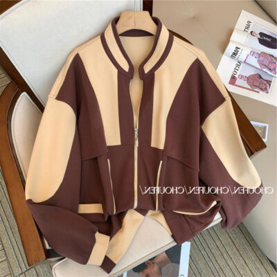 Size lớn MM mập cảm giác chiên đường phố mỏng mùa xuân và mùa thu phiên bản Hàn Quốc màu tương phản áo khoác cổ đứng đồng phục bóng chày áo khoác rộng nữ