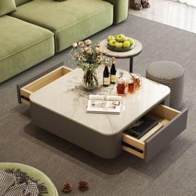 Đá phiến bàn cà phê Bàn trà đẹp hiện đại tối giản phòng khách nhà căn hộ nhỏ bàn cà phê tròn bàn phong cách kem Pháp