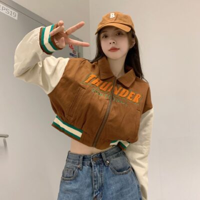 Da tôm ngoại thương Mỹ retro hot girl ngắn cổ điển đồng phục bóng chày thiết kế cảm giác thích hợp áo khoác áo khoác dài tay