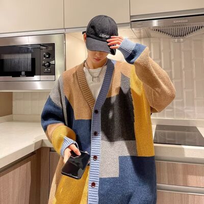 Khối Màu Cardigan Dệt Kim Áo Len Nam Plus Kích Thước Plus Kích Thước Hợp Thời Trang Mỡ Rời Áo Khoác Mùa Thu Cặp Đôi Lười Gió