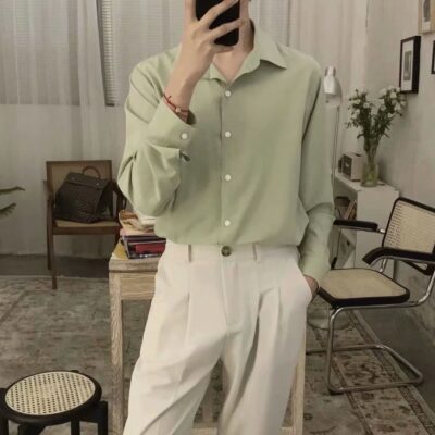 Áo sơ mi xếp nếp lụa băng sáng màu nam dài tay giản dị áo sơ mi xếp nếp phiên bản Hàn Quốc đẹp trai hợp thời trang