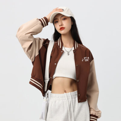 MF MLB NY Phong cách Mỹ retro màu sắc tương phản áo khoác nữ xu hướng mùa xuân và mùa thu tất cả các trận đấu áo khoác ngắn đồng phục bóng chày nữ