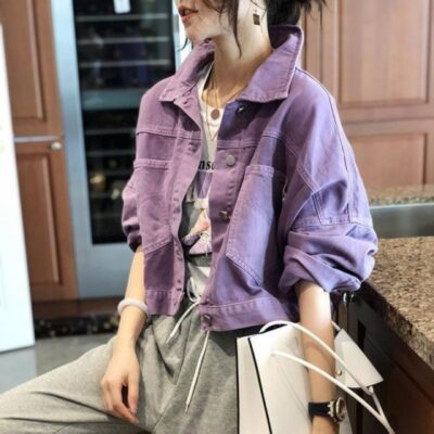 Ga Châu Âu Mới Tím Áo Khoác Denim Nữ Rời Và Đa Năng Nhỏ Xuân Thu Áo Khoác Ngắn Hàng Đầu Mùa Thu