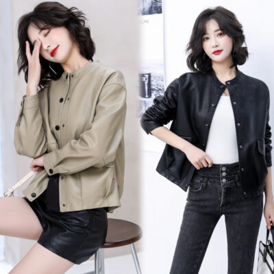 Áo khoác da ngắn cỡ lớn cho nữ haining dáng rộng áo khoác da cừu phù hợp tất cả áo khoác da mô tô mùa xuân và mùa thu 2023 phong cách hàn quốc hợp thời trang