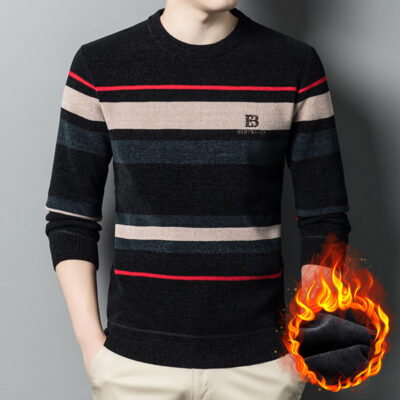 Áo len nam mùa thu đông mới Plus nhung dày dặn tích hợp nhung cổ tròn áo thun dệt kim đáy áo sơ mi