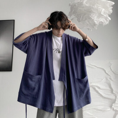 Áo sơ mi ba phần tư tay bằng cotton và vải lanh mùa hè dành cho nam có phần mỏng rộng màu trơn phong cách Hồng Kông túi lớn hợp thời trang áo sơ mi nam ngắn tay thủy triều