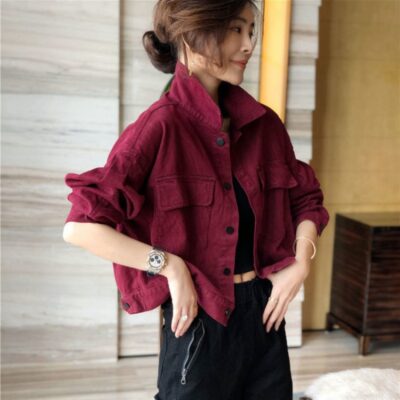 Áo khoác dạ đầu xuân màu đỏ dụng cụ áo khoác denim nữ áo khoác dáng ngắn hợp thời trang xuân thu năm mới ga Châu Âu sỉ