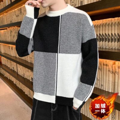Áo len nam cổ cao nửa đầu mùa thu đông 2022 cộng nhung dày màu sắc tương phản đáy áo hợp thời trang Hàn Quốc