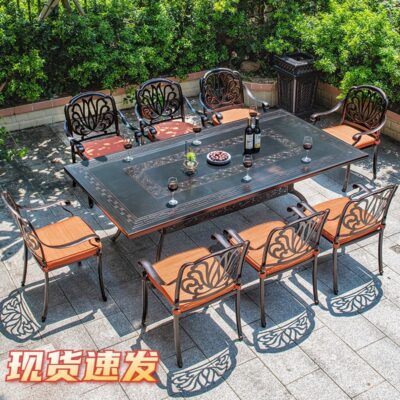 Shuyi ngoài trời nhôm đúc chạm khắc bàn ghế kết hợp bàn ăn dài và ghế biệt thự ngoài trời sân vườn sân thượng bàn lớn