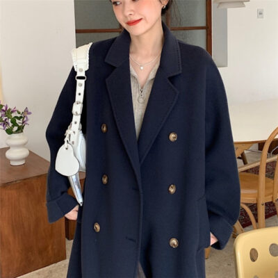Cô gái phá sản hai mặt áo khoác cashmere nữ vòm kim phù hợp với cổ áo khoác len Hàn Quốc giản dị len áo khoác len