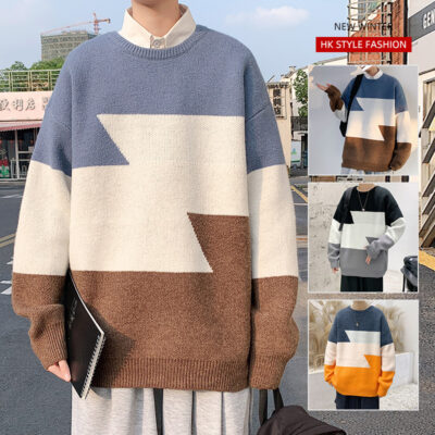 Áo len nam mùa xuân và mùa thu mới giản dị dài tay trẻ trung cổ tròn rộng tất cả các trận đấu áo len nam dệt kim xu hướng