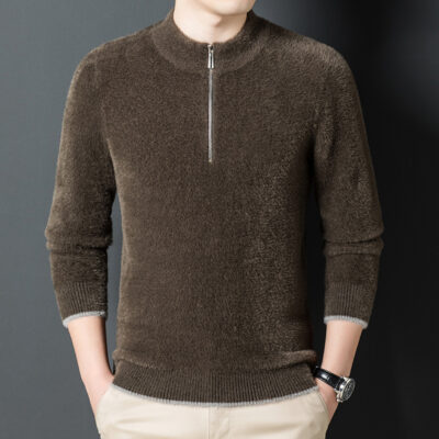 Mùa thu và mùa đông của nam giới dài tay áo len dệt kim giả chồn áo sơ mi dây kéo cổ tròn cộng với nhung dày quần áo ấm đáy áo sơ mi