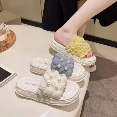 Xăng đan ngọc trai gió cổ tích thời trang mùa hè phiên bản Hàn Quốc phông chữ muffin đế dày tan chảy dép đi biển và dép đi trong nhà