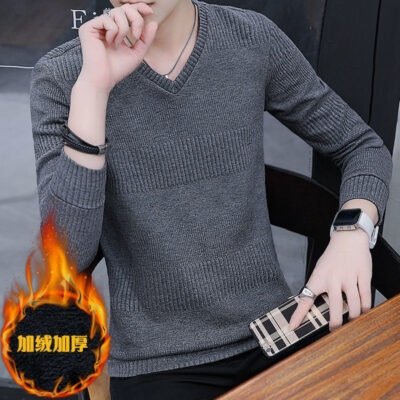 Áo len mỏng thu đông Plus nhung nam phiên bản Hàn Quốc trẻ trung cổ tròn áo chui đầu bé trai dệt kim đáy sơ mi nam bán buôn