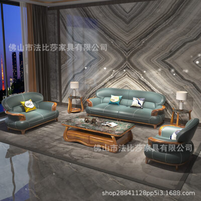 Gỗ vàng đen dày da bò thật lớp đầu 124 kết hợp ghế sofa hình chữ U gia đình vừa và lớn biệt thự kiểu Trung Quốc mới gỗ gụ bộ cao cấp