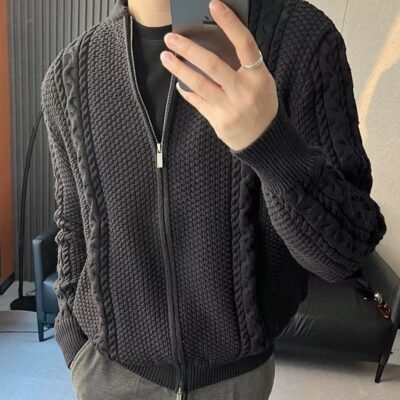 Mùa Đông Mới Dây Kéo Dệt Kim Cardigan Nam Nhẹ Trưởng Thành Retro Xoắn Xoắn Bóng Chày Cổ Áo Len Áo Len Phối Xu Hướng