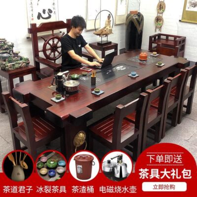 Gỗ thuyền Bàn trà gỗ kết hợp bàn ghế văn phòng Bàn trà gỗ nguyên khối Bàn trà Kung Fu ban công nhà nhỏ bộ Bàn trà uống nước