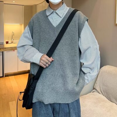 Đồng màu áo vest nam mới rời hợp thời trang thương hiệu áo len dệt kim cổ chữ V xu hướng giản dị khoét lỗ áo vest