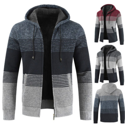 Nỉ Dày Áo Khoác Có Mũ Cardigan Nam Ấm Nón Dệt Kim Áo Khoác Phong Cách Hàn Quốc Thường Ngày Mùa Đông Thời Trang Nam Sọc