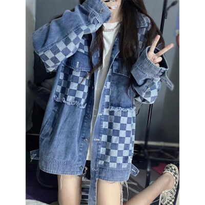Mát muối mặc caro nối áo khoác denim đã giặt áo khoác nữ xu hướng retro áo khoác rộng hàng đầu triều