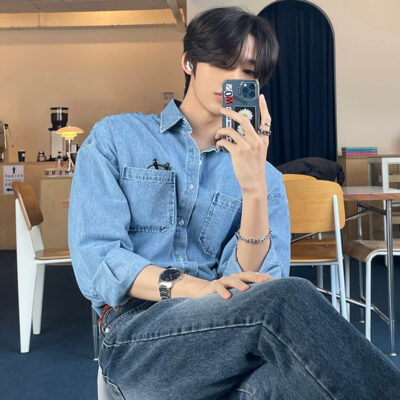 Áo sơ mi denim dáng rộng dài tay phong cách Hàn Quốc mùa thu 2023 cho nam phong cách retro phù hợp với tất cả các trận đấu Áo khoác sơ mi giản dị