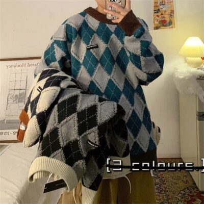 Mùa Thu Đông 2022 Áo Len Nam Hình Kim Cương Mới Thương Hiệu Ins Tide Retro Phong Cách Hồng Kông Phong Cách Nhật Bản Áo Len Kẻ Sọc Xu Hướng Rộng