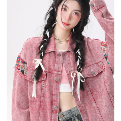 Mùa Xuân Năm 2023 Retro Bẩn Màu Hồng Áo Khoác Denim Nữ Hốc Thiết Kế Phong Cách Dân Tộc Khâu Rửa Sạch Áo Khoác Denim