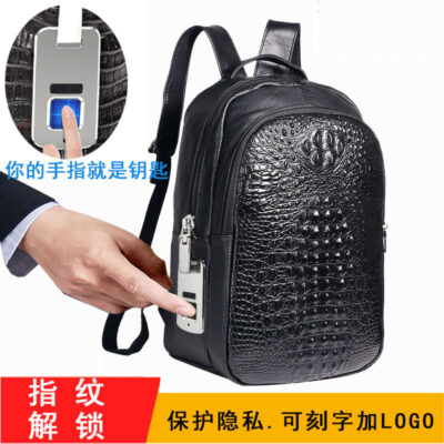 Ba Lô Da Cao Cấp Vân Tay Mở Khóa Túi Nam Họa Tiết Cá Sấu Lớp Trên Da Bò Kinh Doanh Du Lịch Ba Lô Máy Tính