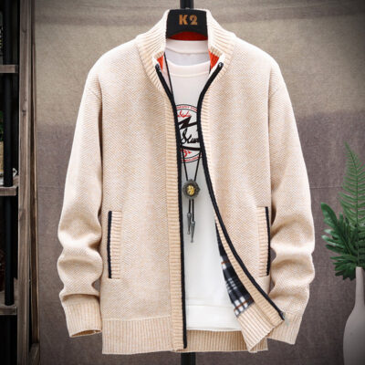 Ngoại Thương AliExpress 2023 Mùa Thu Đông Mới Plus Nhung Dày Size Lớn Áo Len Áo Cổ Đứng Cardigan Áo Len Nam quần Áo