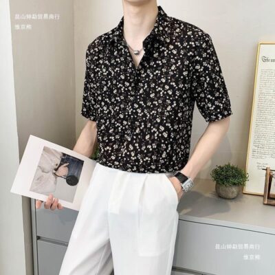 Áo sơ mi hoa ngắn tay mùa hè lưới màu đỏ ins thương hiệu hợp thời trang áo sơ mi nam nửa tay đẹp trai áo sơ mi đường phố giản dị