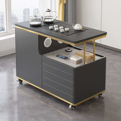 Phòng khách được trang bị đầy đủ tiện nghi với bàn cà phê người lớn không khung đơn giản hiện đại màu đen kiểu Âu đa chức năng