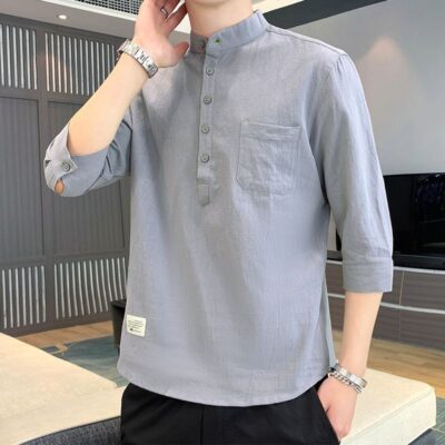 Áo Sơ Mi Nam Tay Lửng Tay Lửng Cổ Đứng Mùa Hè Tay Lửng Tay Lửng Vải Lanh Cotton Áo Sơ Mi Chui Đầu Bằng Cotton Nguyên Chất Áo Sơ Mi Inch