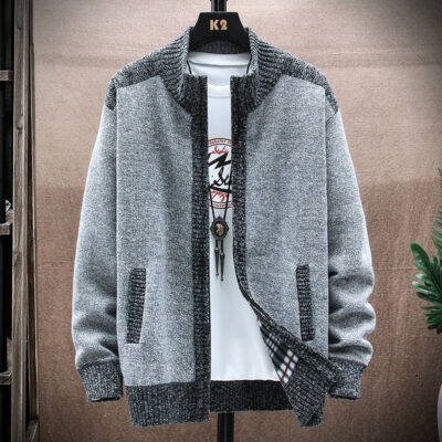 Mùa xuân và mùa thu mới áo len cardigan có khóa kéo nam dáng rộng phiên bản Hàn Quốc phù hợp với mọi đối tượng hợp thời trang áo len nam cổ đứng trung niên và thanh niên