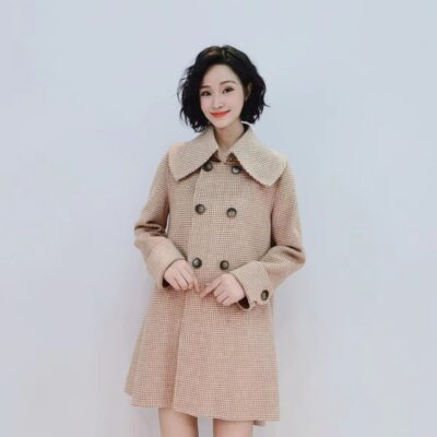 "Không đổi trả" 5131 thời trang thu đông khí chất houndstooth phong cách nước ngoài áo khoác len hai mặt dài vừa phải B2