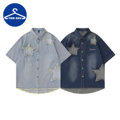 TIDEEKU thủy triều thương hiệu quần áo nam|vui nhộn tua rua ngôi sao vá thêu cardigan mùa hè giản dị áo sơ mi denim có ve áo