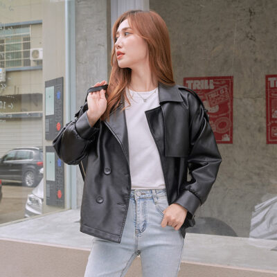 Lưới đỏ cùng phong cách áo khoác da nữ mùa xuân và mùa thu 2023 xe máy quần áo đường phố ve áo áo khoác da nữ áo khoác da nữ