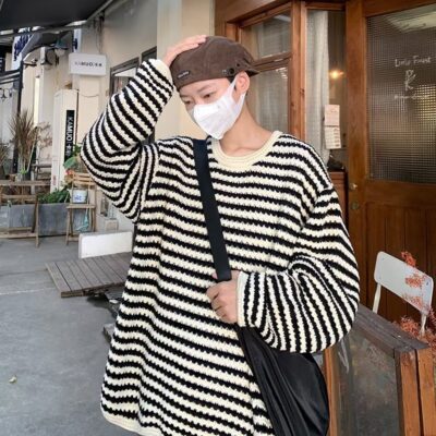 Mùa Thu Retro Sọc Rỗng Áo Len Dệt Kim Dài Tay Bé Trai Thiết Kế Cảm Giác Lười Phong Cách Cổ Đáy Áo Len Hàng Đầu