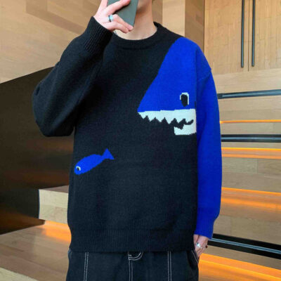 P71 Cá Mập Ăn Cá Nhỏ Áo Len Dạ Nỉ Nam Rời Triều Thương Hiệu Mỡ Quần Áo Thu Đông Plus Kích Thước Tay Dài Đa Năng